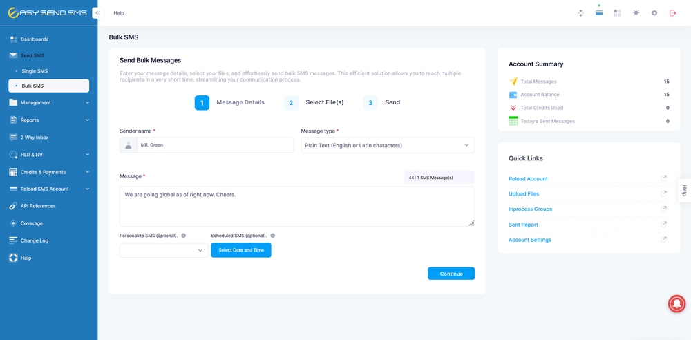 EasySendSMS Bulk SMS interface where users can compose messages, select message types, schedule delivery, and manage large-scale SMS campaigns from a simple dashboard.