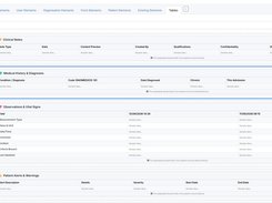 eChart form builder screen with a controls sidebar and configurable patient-record tables for clinical notes, medical history, observations, and alerts.