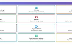 eChart application dashboard with tiles for referrals, calendar, billing, patient search, forms, reports, and other clinical administration functions.