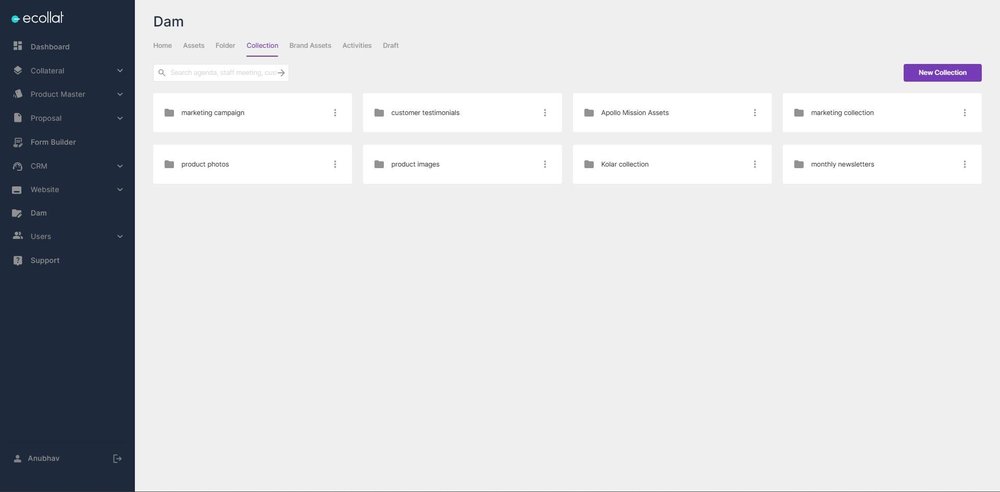 Ecollat DAM Collection page showing a sidebar, collection navigation, search field, New Collection button, and folders including marketing campaign and product images.