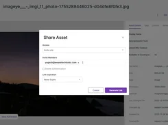 Ecollat DAM Share Asset dialog with invite-only access, an entered email address, authentication option, and link-expiration menu.