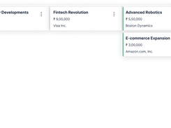 Kanban-style sales board with cards for opportunities such as AI-Driven Quantum Leap, Smart City Developments, Fintech Revolution, and E-commerce Expansion, each showing rupee amounts and company names.