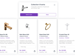 Product selection interface with a Collection Vivanta card and four bathroom-fixture product cards showing item codes, inventory, prices, quantity, tags, and cart icons.
