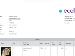 Generated Ecollat quotation document showing creator and project fields, dates, a product table, and a watch product image with pricing.