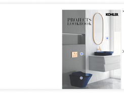 Web interface displaying a Kohler Projects Lookbook bathroom scene with clickable product hotspot markers and navigation controls.