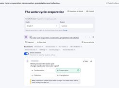 Edform quiz editor for a water-cycle assessment, showing class settings, question types, and a multiple-choice question.