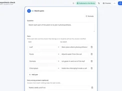 Edform match-pairs question editor for a Photosynthesis check, with plant-part prompts and answer fields.