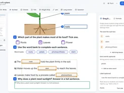 Edform worksheet editor showing a plant-parts activity with drag-and-drop labels, multiple-choice questions, and a word bank.