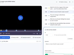 Edform video-lesson editor for an Earth water-cycle video, with timestamped questions and a video player.
