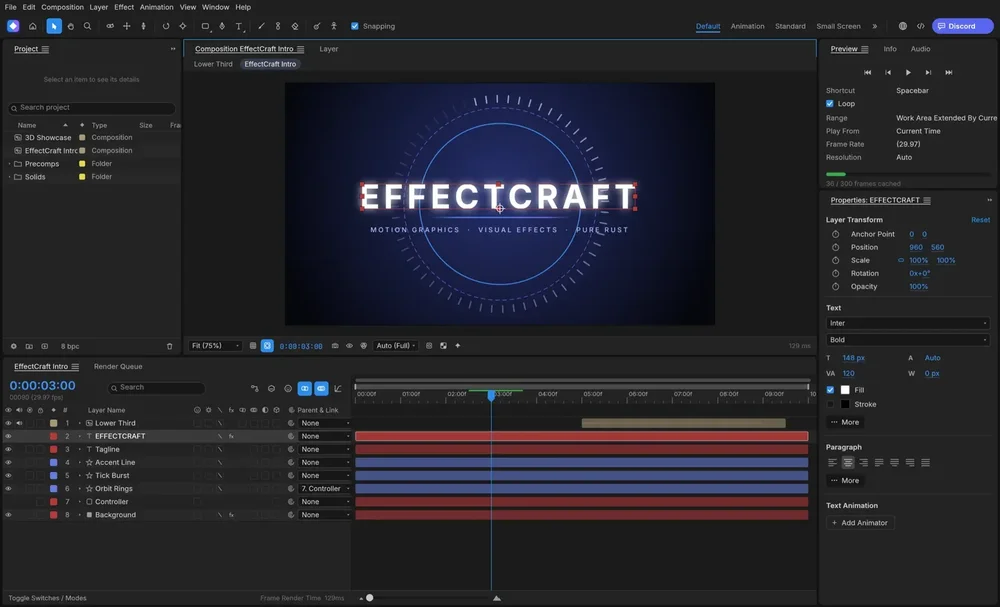 EffectCraft composition editor showing a completed EFFECTCRAFT lower-third graphic, layer list, properties panel, and timeline.