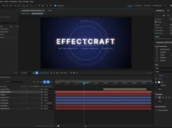 EffectCraft composition editor showing a completed EFFECTCRAFT lower-third graphic, layer list, properties panel, and timeline.