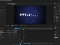 EffectCraft editor displaying a partially animated EFFECTCRAFT title, with an animation curve visible in the timeline panel.