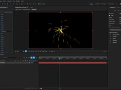 EffectCraft particle composition showing yellow and orange particle streaks on a black canvas, with particle settings and a timeline.