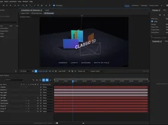 EffectCraft 3D composition editor showing colored panels, camera framing, and the text CLASSIC 3D above a gridded floor.