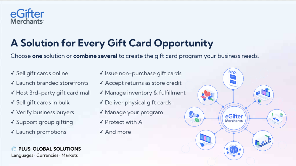 eGifter Merchants™ gives brands flexible gift card technology to sell, issue, manage, and scale gift card programs across channels and use cases.