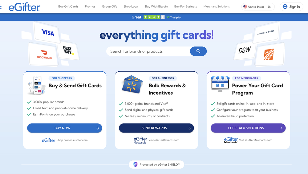eGifter.com homepage, showing eGifter's three connected properties: eGifter.com for consumers, eGifter Rewards for bulk business rewards and incentives, and eGifter Merchants for gift card program infrastructure