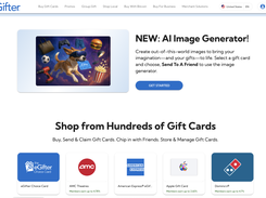 eGifter.com consumer marketplace — AI Image Generator for personalized gift cards, with popular brands like AMC, American Express, Apple, and Domino's, plus cashback rewards on purchases