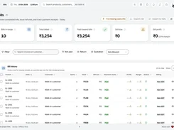 Bills page showing billed, paid, due, and profit summary cards above a table of invoice records.