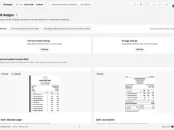 Bill designs page with thermal receipt and A4 page settings plus previews of two receipt templates.