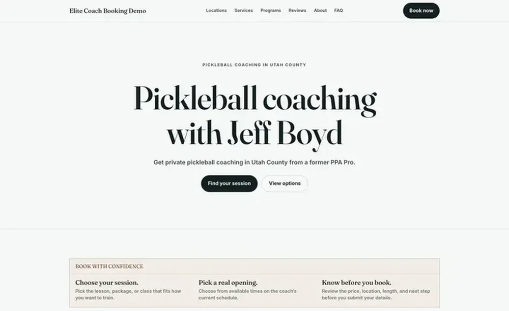 Minimal white Elite Coach Booking Demo landing page with the heading “Pickleball coaching with Jeff Boyd,” navigation, buttons, and a booking-confidence information panel.
