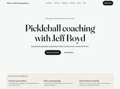 Minimal white Elite Coach Booking Demo landing page with the heading “Pickleball coaching with Jeff Boyd,” navigation, buttons, and a booking-confidence information panel.