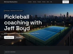 Dark-themed Elite Coach Booking Demo landing page for “Pickleball coaching with Jeff Boyd,” with navigation and booking buttons over a rooftop court at night.