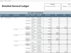 Detailed General Ledger report with company and date filters and transaction rows grouped by account and invoice dimensions.