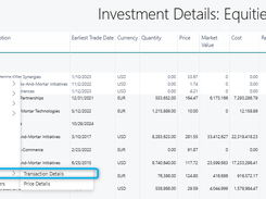 Investment Details: Equities table in Elysys with a right-click menu highlighting Drill through to Transaction Details.