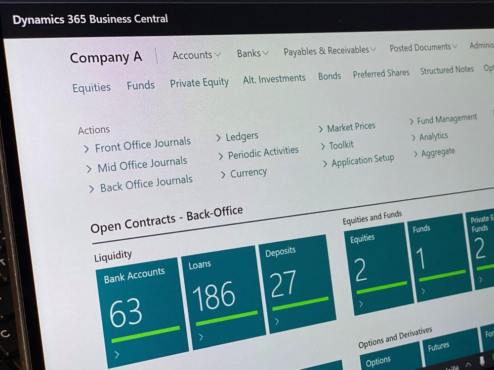 A photographed computer display showing a Dynamics 365 Business Central dashboard for Company A, with navigation menus and teal tiles for bank accounts, loans, deposits, equities, and funds.