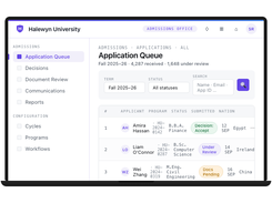 Admissions queue with real-time application status tracking, filtering, and bulk processing tools.