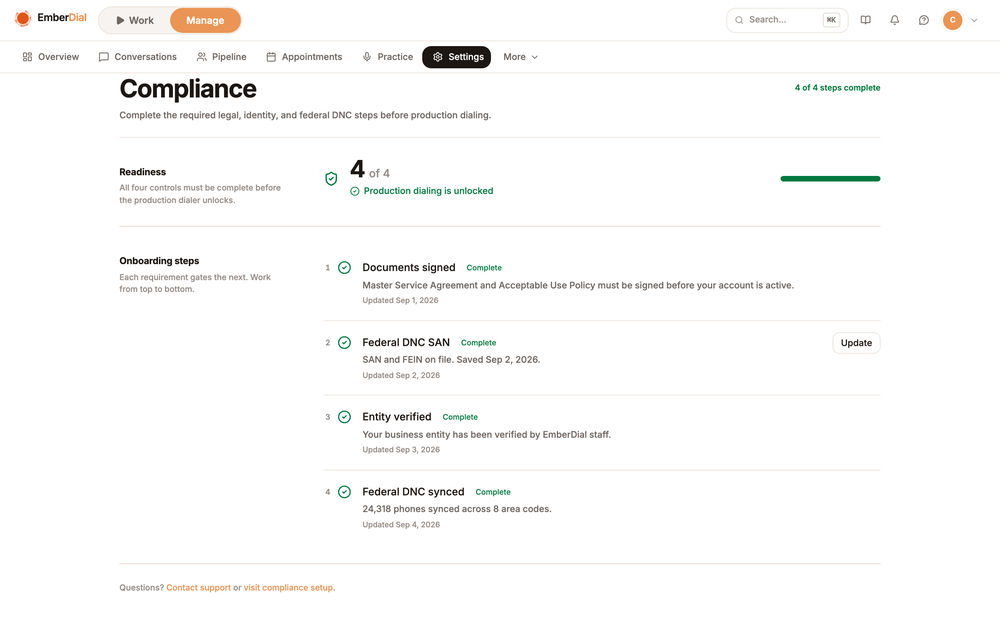 EmberDial Compliance page showing four completed onboarding controls and production dialing unlocked.