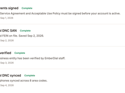 Compliance onboarding checklist with completed document, federal DNC, entity-verification, and synchronization steps.