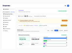 Revenue from chat next to total revenue, spend against your cap, and the conversation-to-purchase funnel (demo store data)