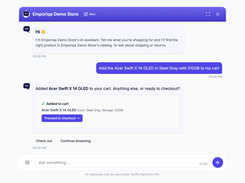 In-chat cart: the shopper names colour and storage, the chat adds that variant and offers checkout