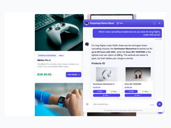 Asked for headphones under 400 euros, the chat shows two from the catalog, each with photo and price