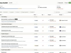 Month-end close checklist with task status and finance review.