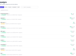 EndBounce Outreach web dashboard showing the Campaigns page, with navigation for mailboxes, inbox, health, and settings; campaign rows display completion status and sent, replied, bounced, and sender-bounced metrics.