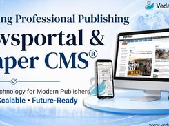 Promotional graphic for Newsportal and Epaper CMS showing responsive news website interfaces on a desktop monitor, smartphone, and tablet.