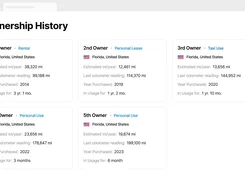 Vehicle-report interface titled "Ownership History" with five owner cards listing use type, Florida location, mileage, purchase year, and duration of ownership.