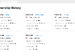 Vehicle-report interface titled "Ownership History" with five owner cards listing use type, Florida location, mileage, purchase year, and duration of ownership.