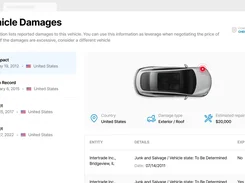 Vehicle-report interface titled "Vehicle Damages" listing impact and crash records alongside a top-view car damage marker and estimated repair cost.