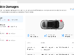 Vehicle-report interface titled "Vehicle Damages" listing impact and crash records alongside a top-view car damage marker and estimated repair cost.