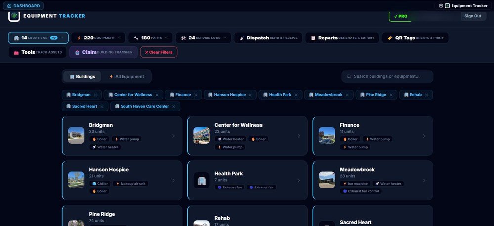 Equipment Tracker dashboard showing navigation for locations, equipment, parts, service logs, dispatch, reports, QR tags, and a grid of building equipment summaries.