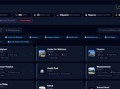 Equipment Tracker dashboard showing navigation for locations, equipment, parts, service logs, dispatch, reports, QR tags, and a grid of building equipment summaries.