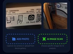 Dark mobile equipment-detail screen for an upstairs washer-dryer combo, with parts and maintenance counters, equipment photos, AI image scan, manual search, copy-data, and associated-equipment options.
