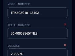 Dark mobile form interface displaying manufacturer, model number, serial number, voltage, and refrigerant fields for a Mitsubishi Electric Trane HVAC unit.