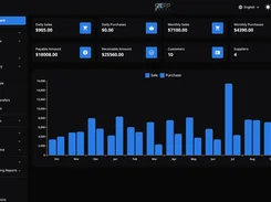 ERP Nexl dark-mode dashboard with sales and purchase summary cards, navigation menu, and a monthly bar chart.