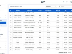 ERP Nexl light-mode inventory items table listing product categories, descriptions, packing, prices, tax, and barcodes.