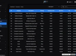 ERP Nexl dark-mode inventory items table listing product categories, descriptions, packing, prices, tax, and barcodes.