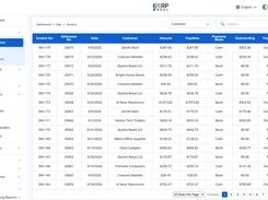 ERP Nexl light-mode sales invoice list with invoice numbers, dates, customer businesses, amounts, payment modes, balances, and payment status.
